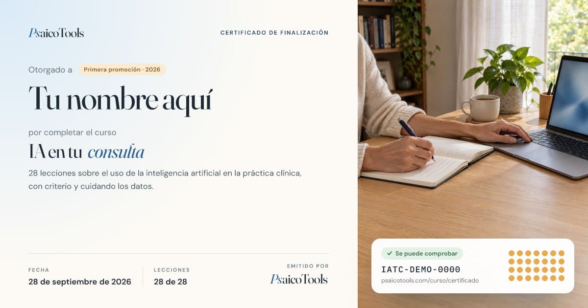 Ejemplo del certificado de «IA en tu consulta», con el nombre, la fecha y el código de comprobación