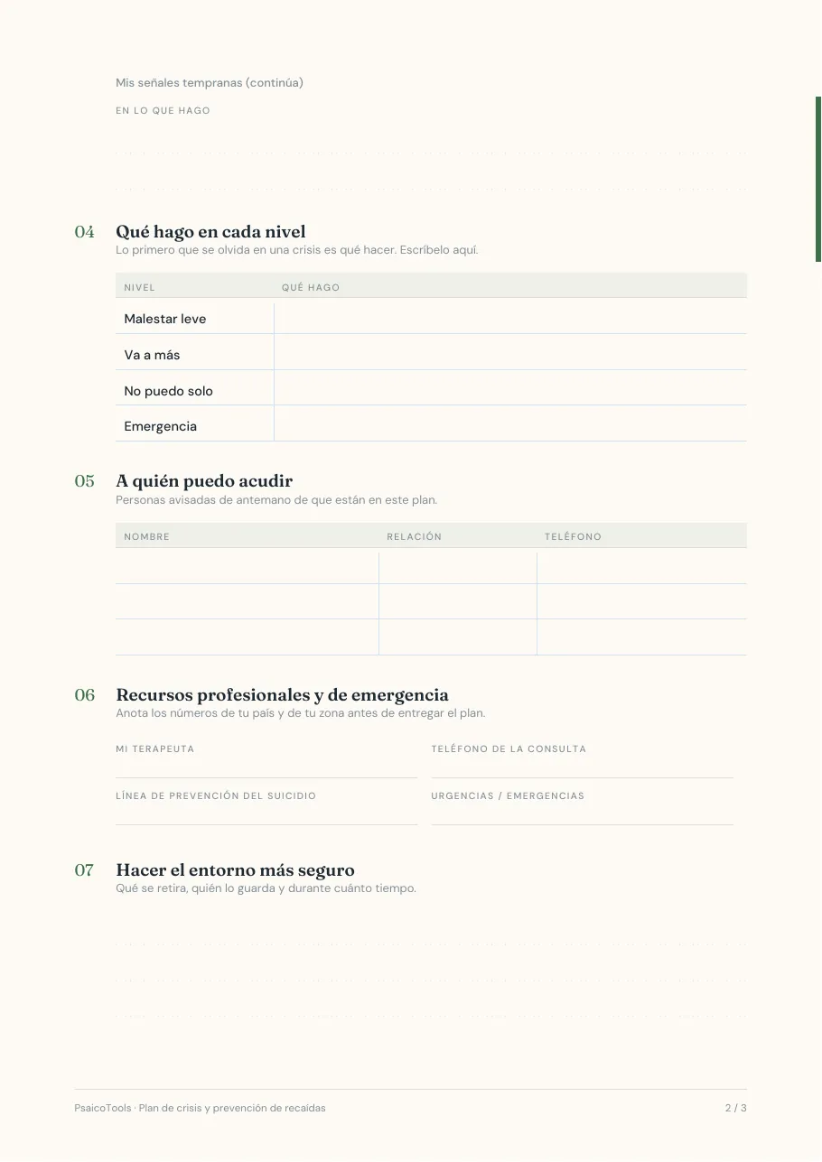 Página 2 de 3 de la plantilla «Plan de crisis y prevención de recaídas» en PDF