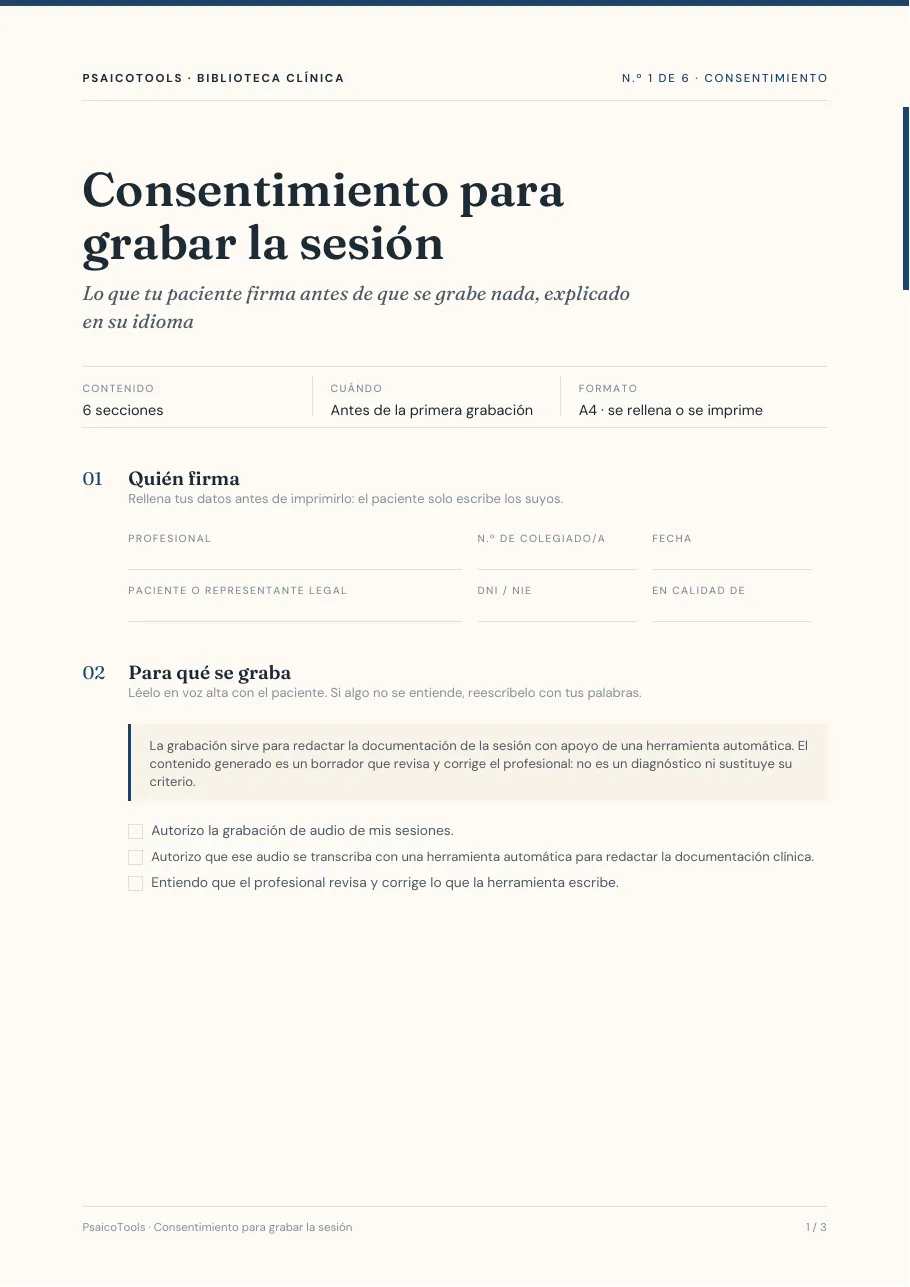 Página 1 de 3 de la plantilla «Consentimiento para grabar la sesión» en PDF