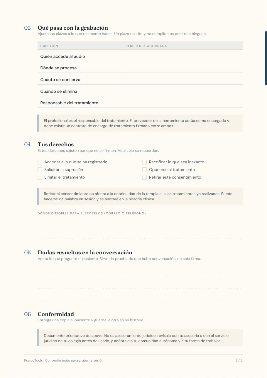 Página 2 de 3 de la plantilla «Consentimiento para grabar la sesión» en PDF