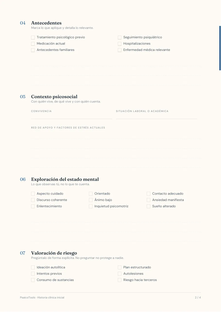 Página 2 de 4 de la plantilla «Historia clínica inicial» en PDF