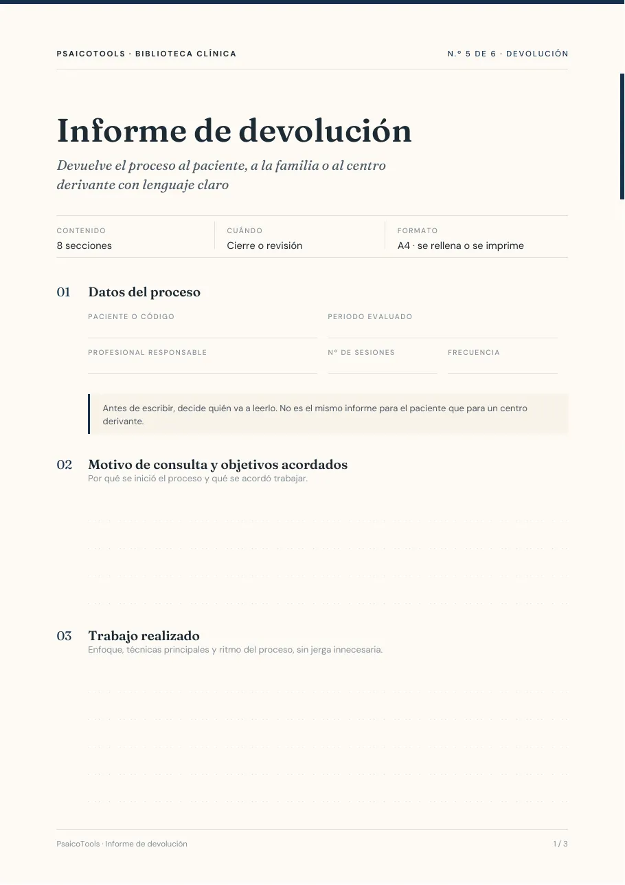 Página 1 de 3 de la plantilla «Informe de devolución» en PDF