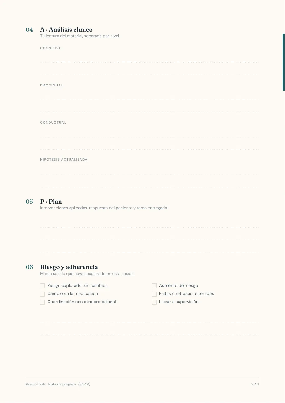 Página 2 de 3 de la plantilla «Nota de progreso (SOAP)» en PDF
