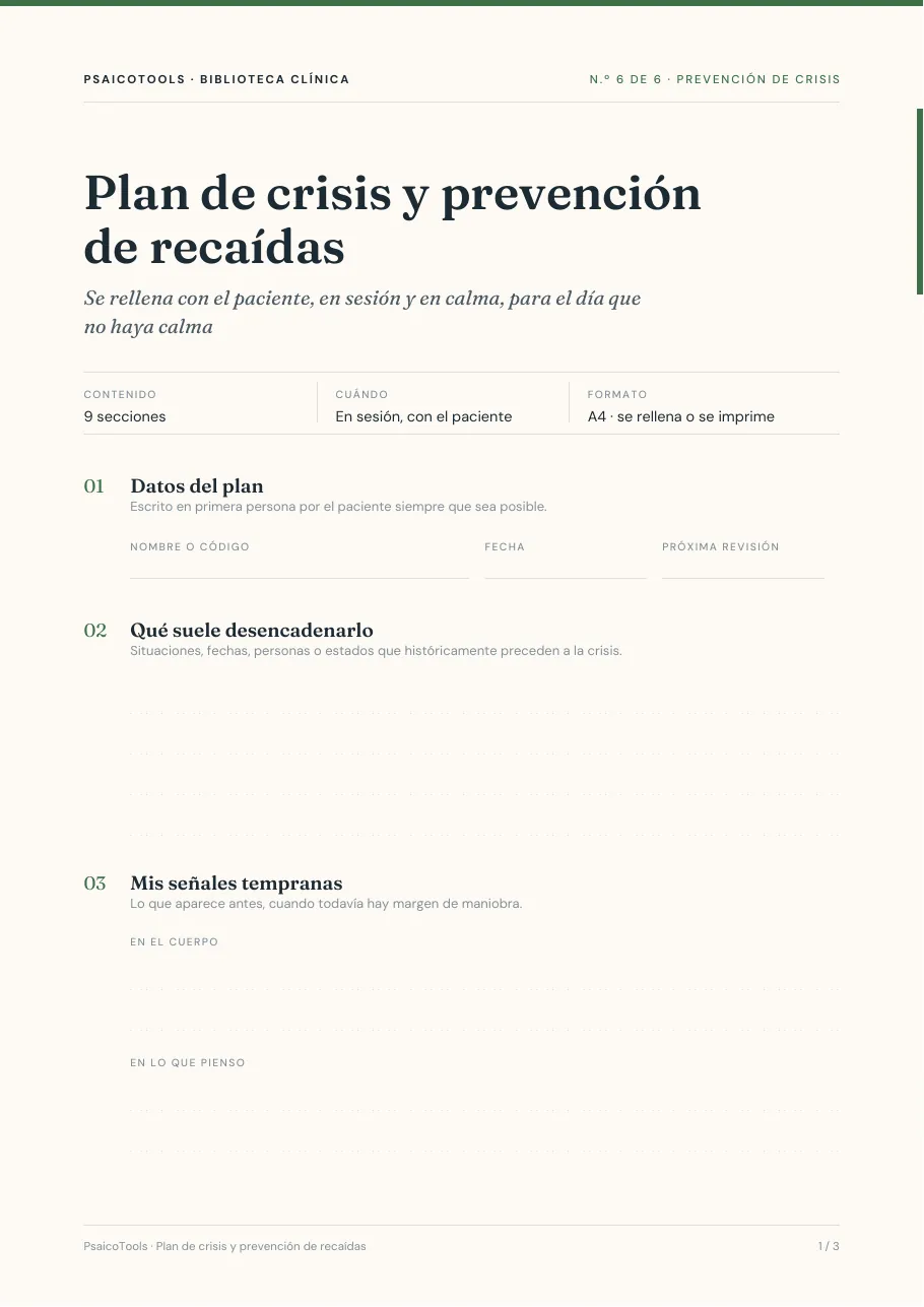 Página 1 de 3 de la plantilla «Plan de crisis y prevención de recaídas» en PDF