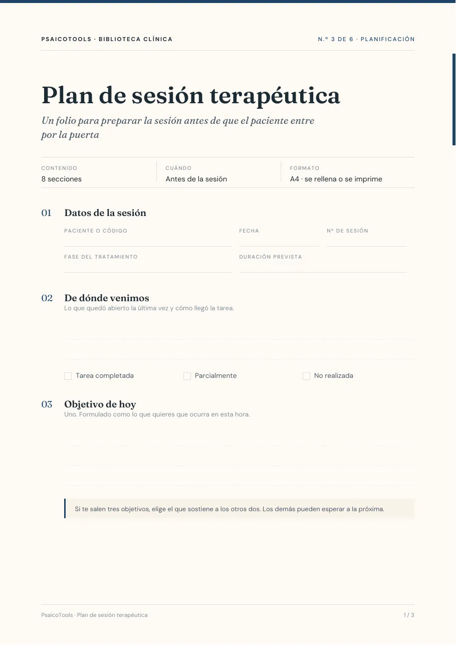 Página 1 de 3 de la plantilla «Plan de sesión terapéutica» en PDF