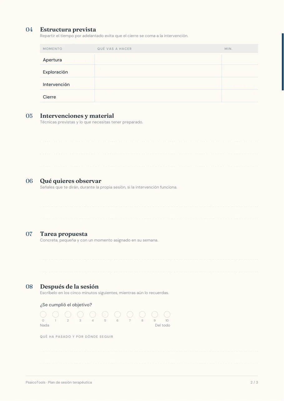 Página 2 de 3 de la plantilla «Plan de sesión terapéutica» en PDF