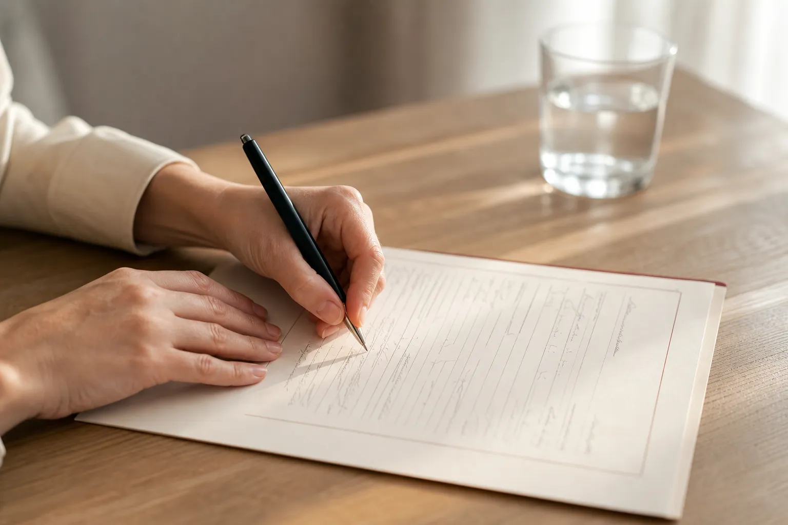 Una mano escribe con bolígrafo sobre una plantilla impresa, en una mesa de madera